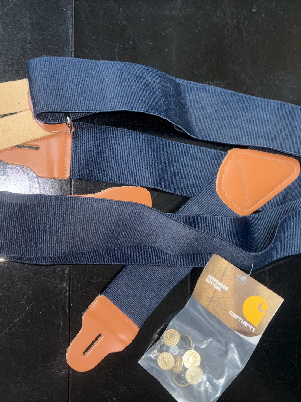 Carhartt Navy Blue Elastic Suspenders with Tan Leather Accents